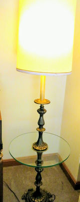 Vintage Table Floor Lamp with Glass Top & Ornate Brass Base - Image 1 of 5
