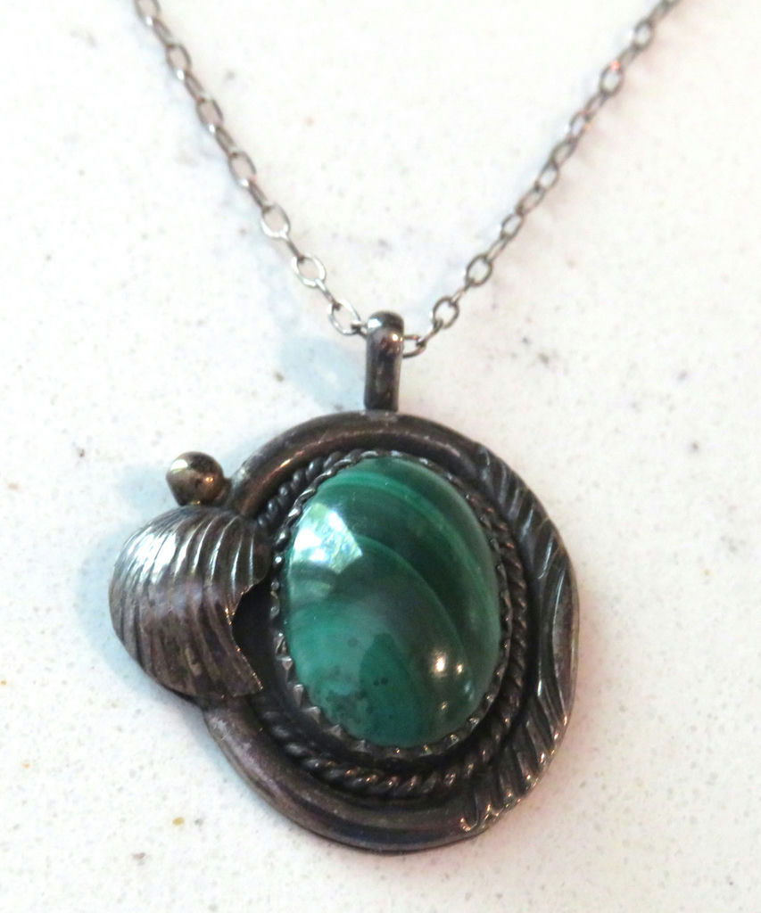 Sterling Silver Necklace with Malachite Stone Pendant - image 3 of 5