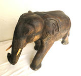 Large 20" Carved Wood Elephant With Tusks Signed  - thumbnail 1 of 6