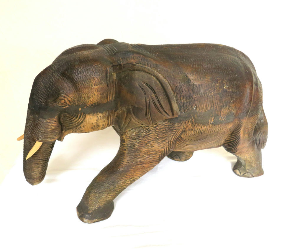 Large 20" Carved Wood Elephant With Tusks Signed  - image 3 of 6