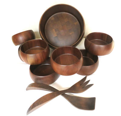 Vtg MCM Didware Walnut Salad Bowl Set with Serving Pair - Image 1 of 7