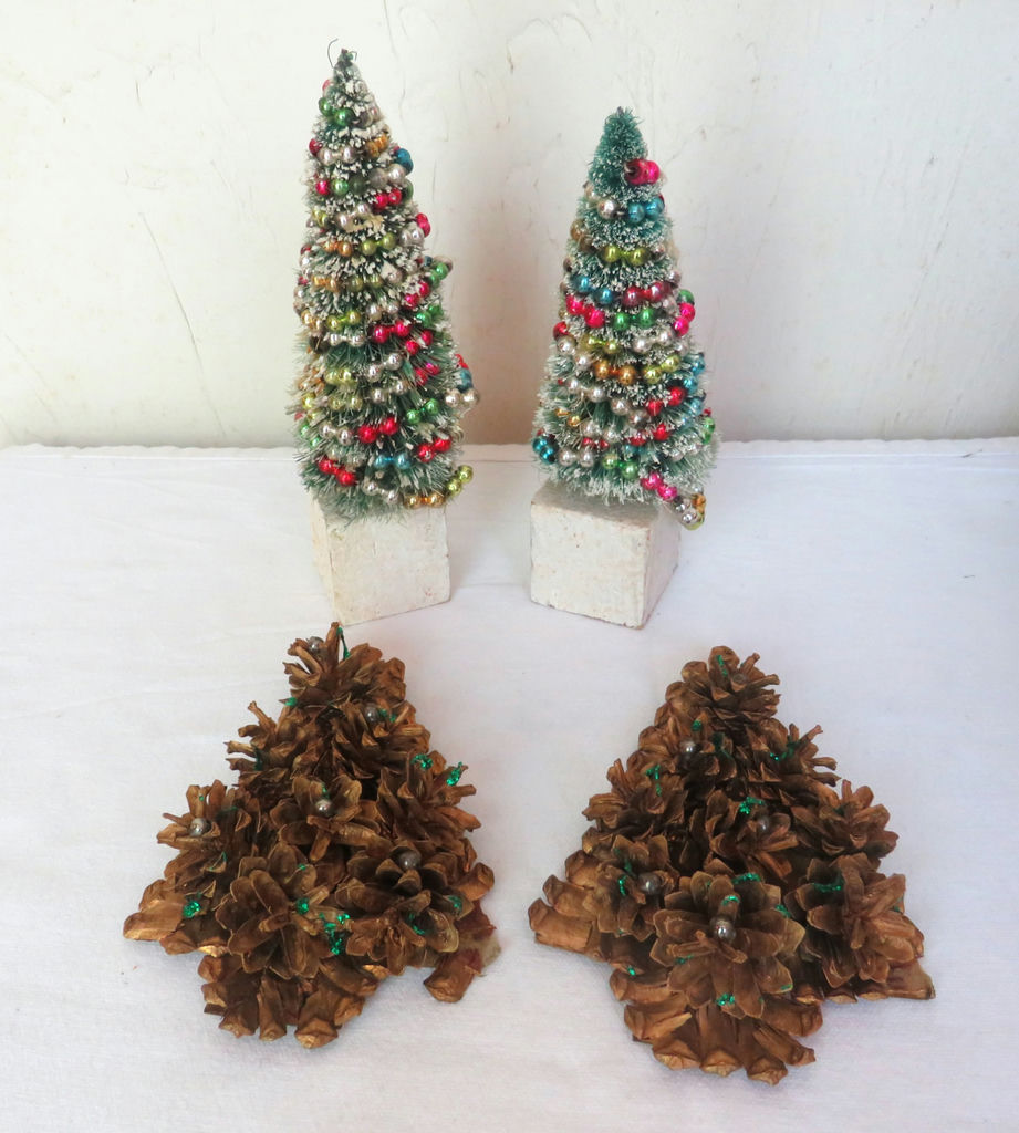 Pair of Vintage Flocked Christmas Trees and 2 Pine Cone Trees - image 1 of 6