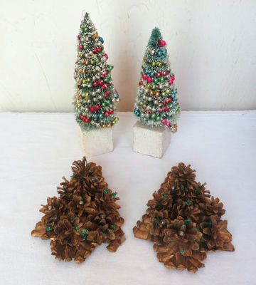 Pair of Vintage Flocked Christmas Trees and 2 Pine Cone Trees - Image 1 of 6