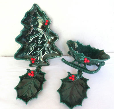 Vintage Lefton Holly Berry Tree Sleigh and Candy Dishes - Image 1 of 8