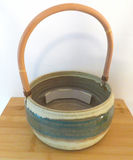 Studio Pottery Planter Basket with Bamboo Handle Signed - thumbnail 1 of 4