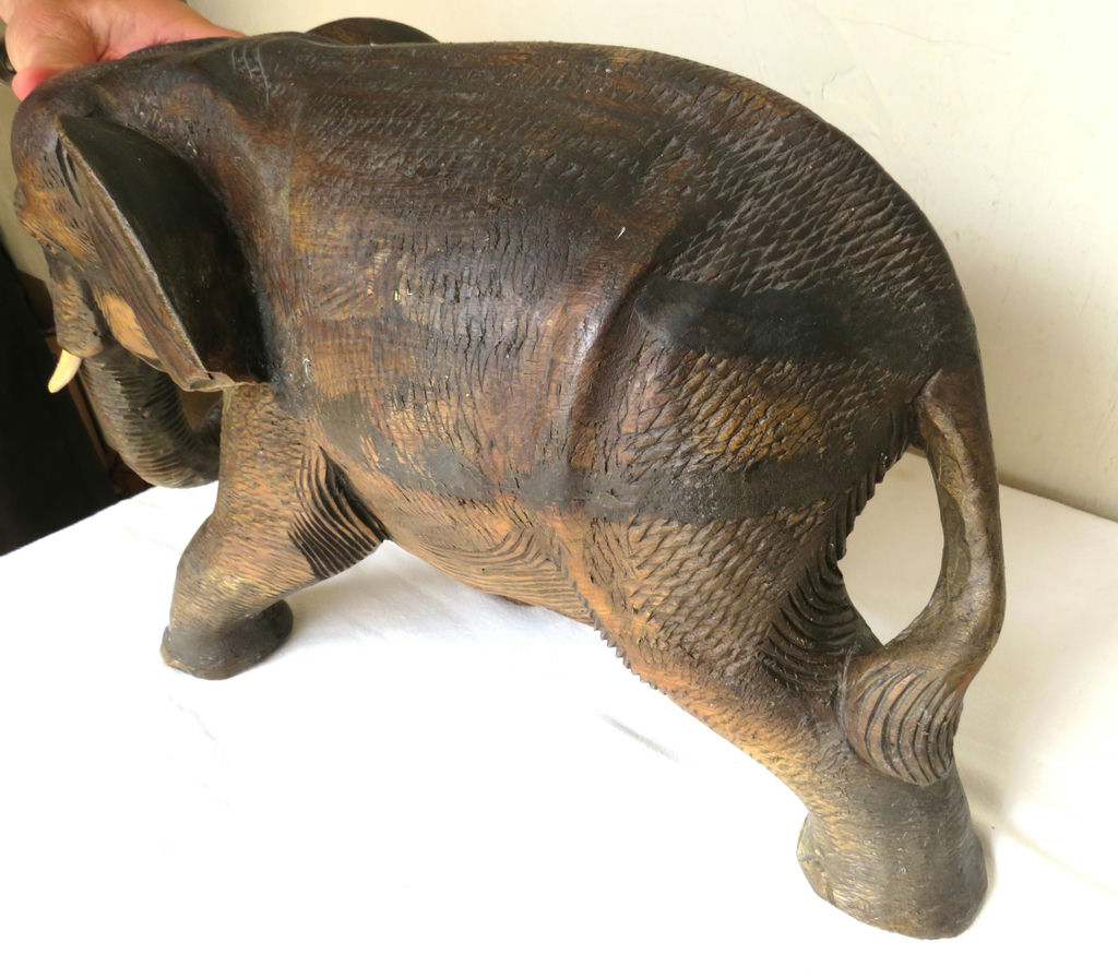Large 20" Carved Wood Elephant With Tusks Signed  - image 4 of 6