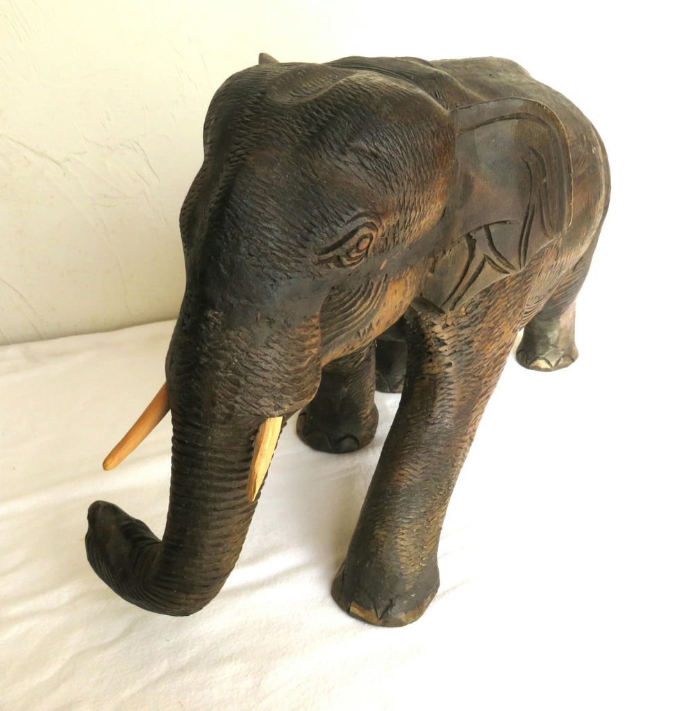 Large 20" Carved Wood Elephant With Tusks Signed  - image 2 of 6