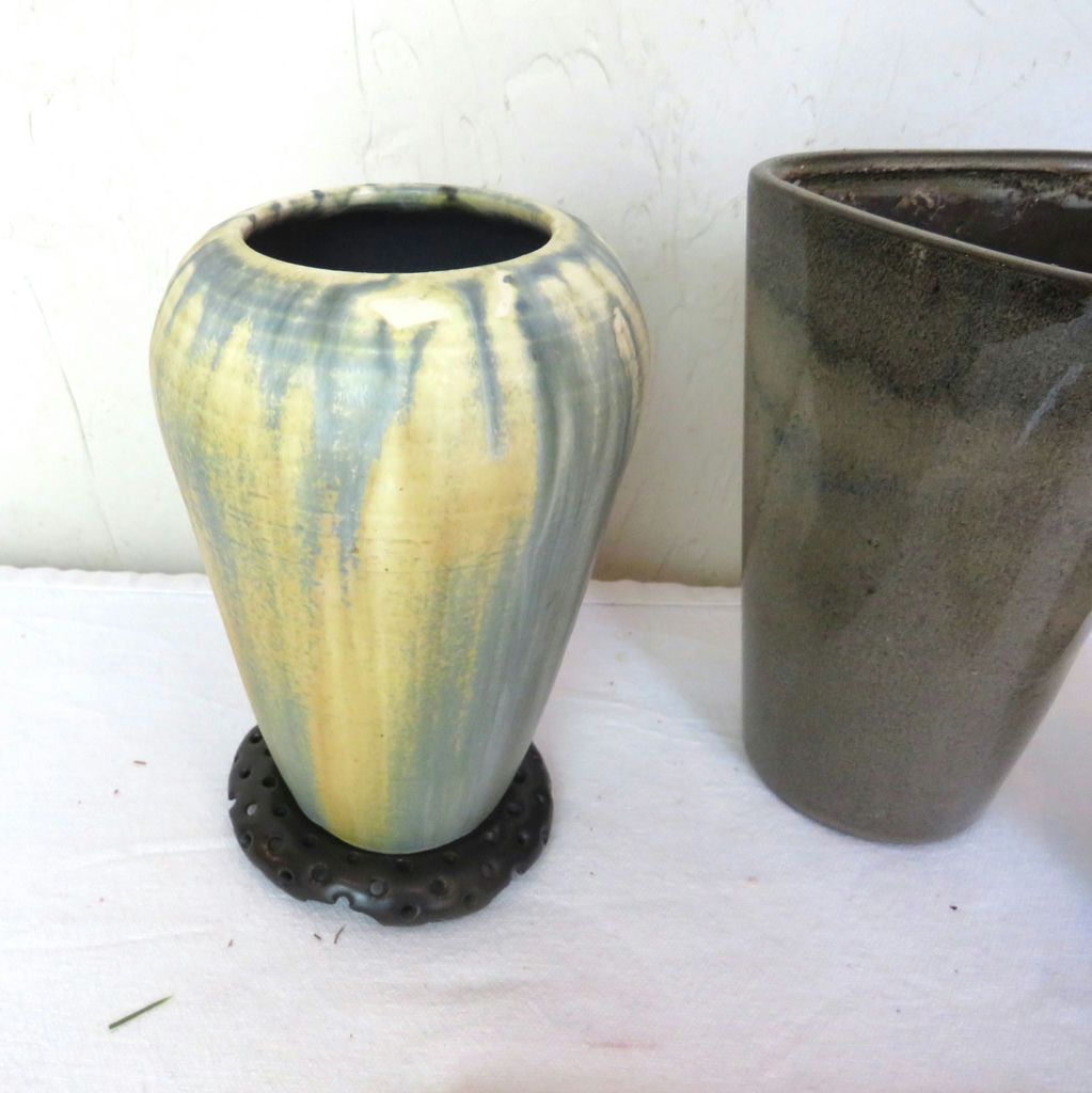 4 piece pottery lot vases and tile some signed - image 4 of 9