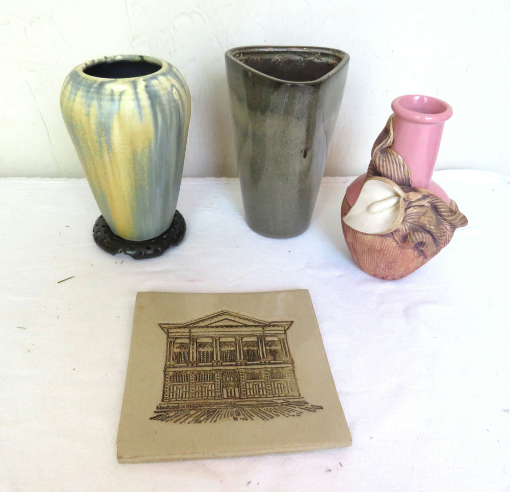 4 piece pottery lot vases and tile some signed - image 1 of 9