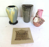 4 piece pottery lot vases and tile some signed - thumbnail 1 of 9