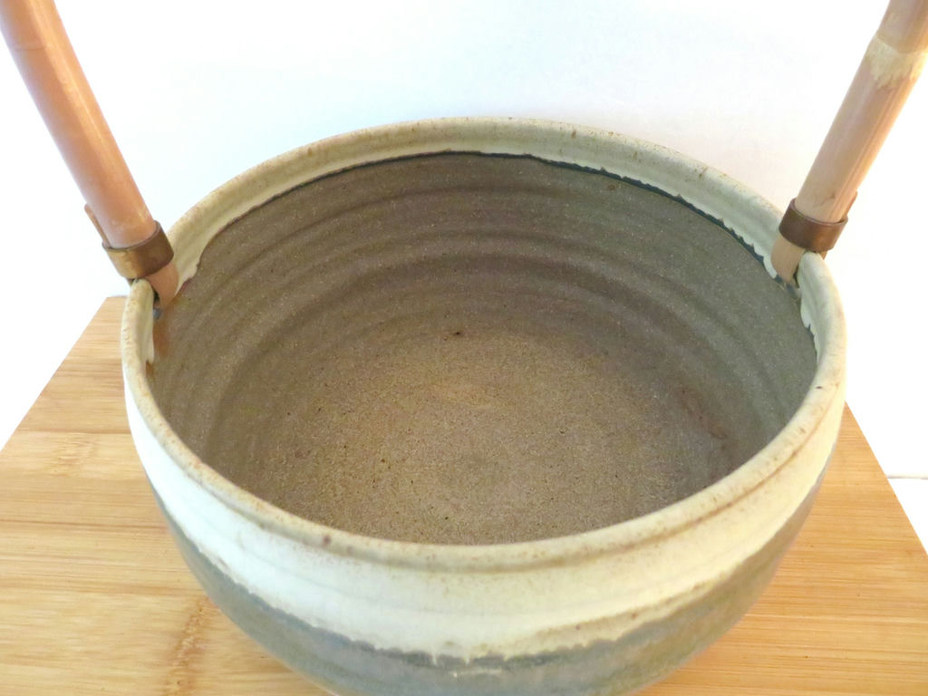 Studio Pottery Planter Basket with Bamboo Handle Signed - image 2 of 4