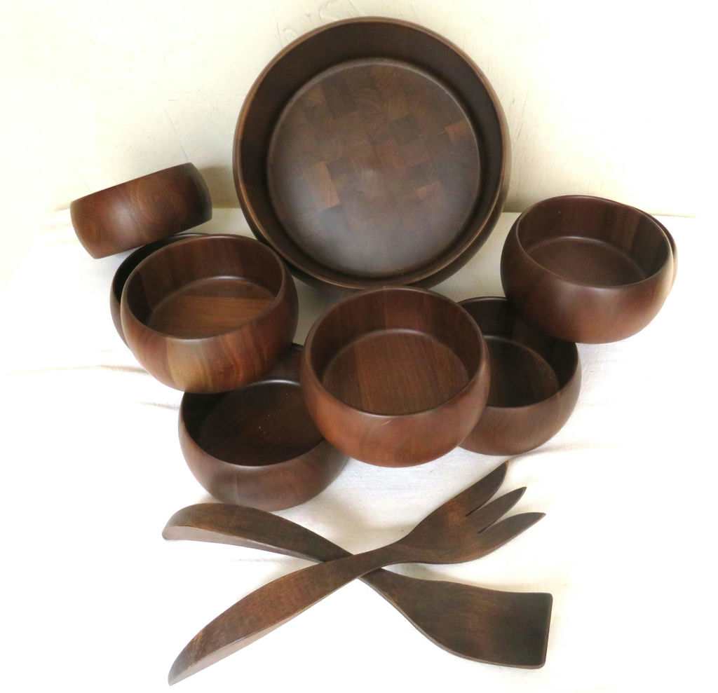 Vtg MCM Didware Walnut Salad Bowl Set with Serving Pair - image 2 of 7