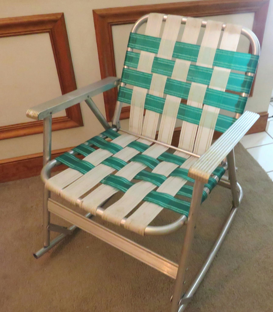 Vintage Green and White Webbed Camp Rocking Chair - image 2 of 5