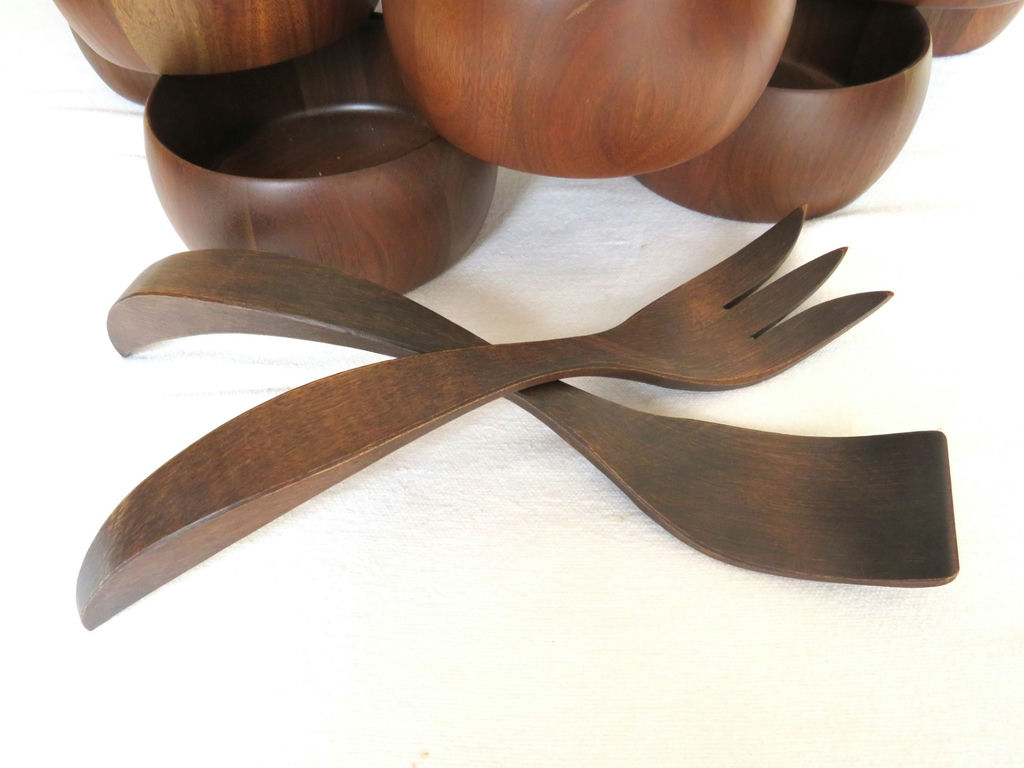 Vtg MCM Didware Walnut Salad Bowl Set with Serving Pair - image 4 of 7