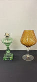 Green Glass Oil Lamp and Amber Glass Shade - thumbnail 1 of 9
