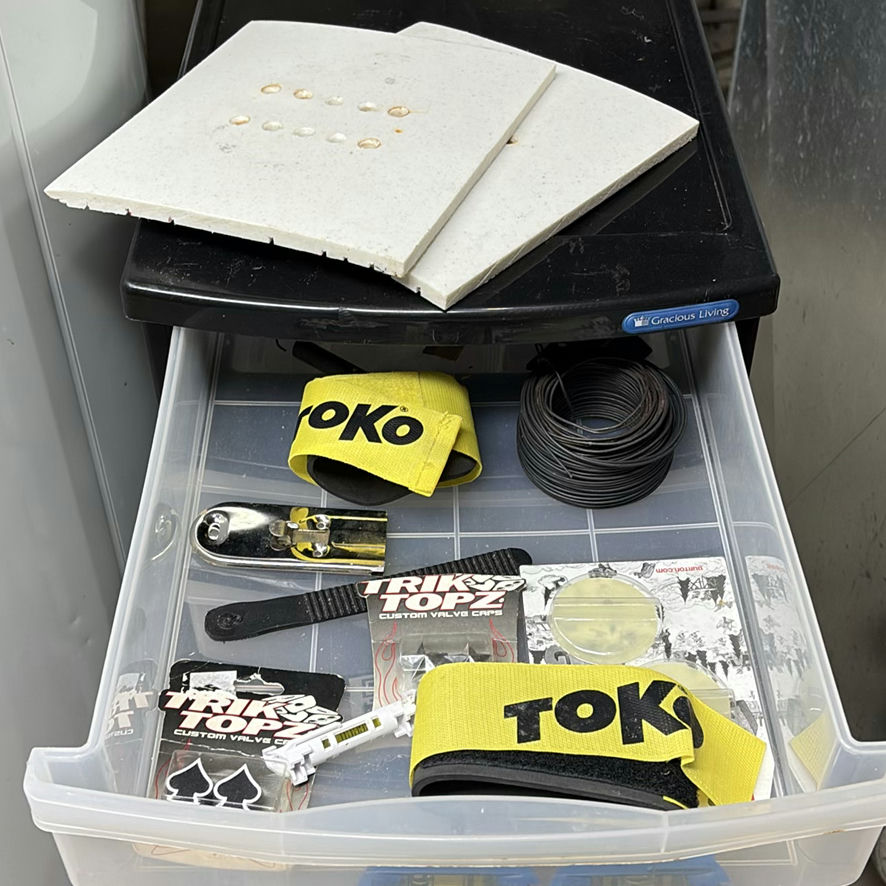 Assorted Bicycle Parts, Snowboard Bindings, and Storage Drawers - image 2 of 12