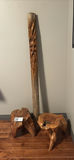 Wood Carved Sculpture and Two Rustic Wood Stools - thumbnail 1 of 13