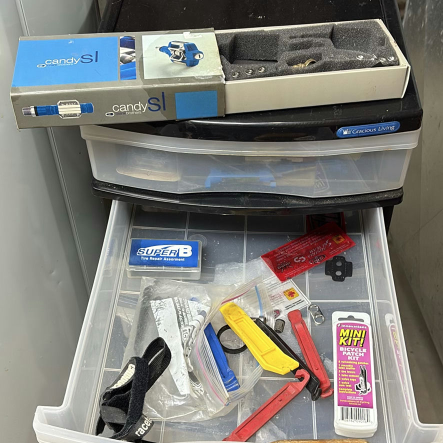 Assorted Bicycle Parts, Snowboard Bindings, and Storage Drawers - image 3 of 12