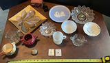 Assorted Vintage Glassware, Ceramic Bowls, Decorative Plates, and Pins - thumbnail 1 of 12