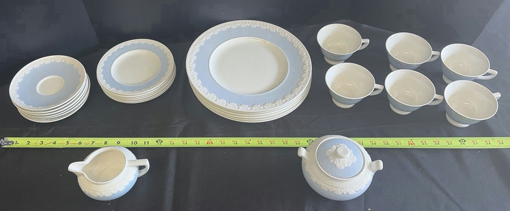Blue and White Dinnerware Set with Plates, Cups, Teapot, and Creamer - image 1 of 12