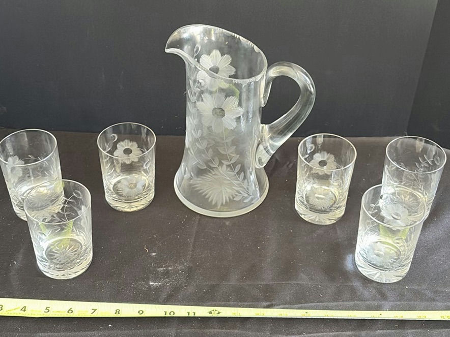 Etched Glass Pitcher and Six Tumblers - image 1 of 4