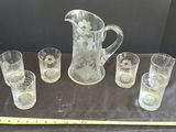 Etched Glass Pitcher and Six Tumblers - thumbnail 1 of 4