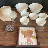 White Mixing Bowls, Framed Monaco Print, Hat, and Decorative Metal Pieces - thumbnail 1 of 7