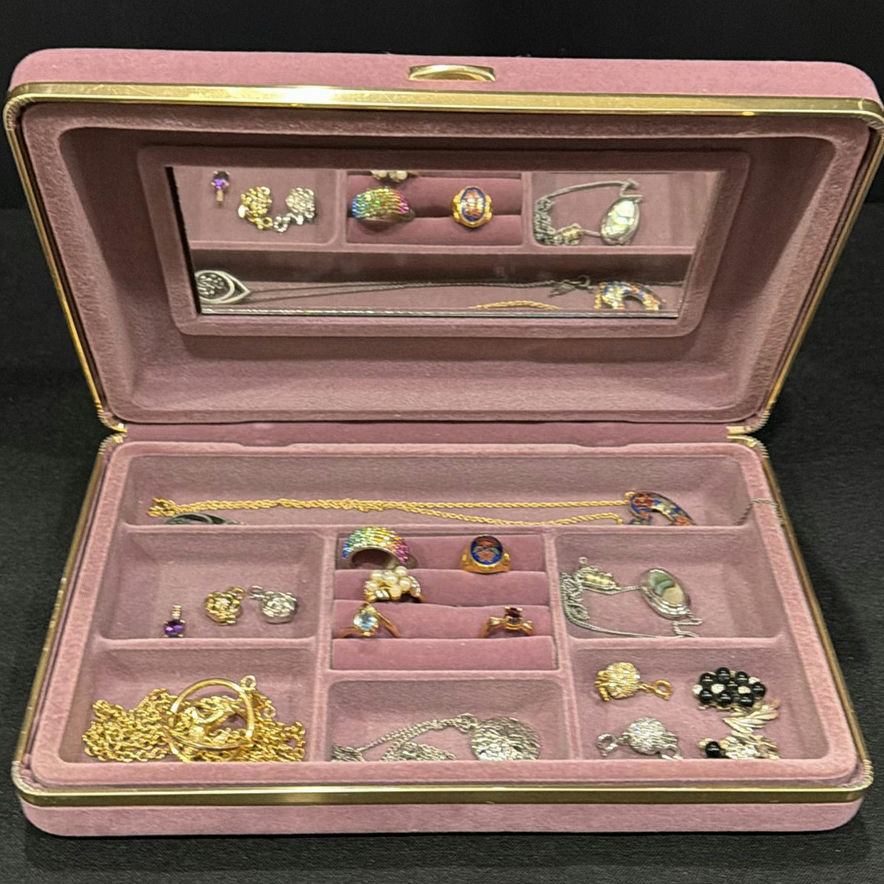 Pink Jewelry Box with Assorted Rings, Necklaces, Earrings, and Pendants - image 1 of 5