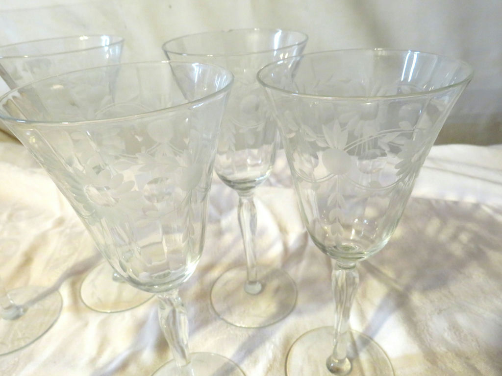 6 Antique Etched Glass Wine Glasses - image 3 of 5
