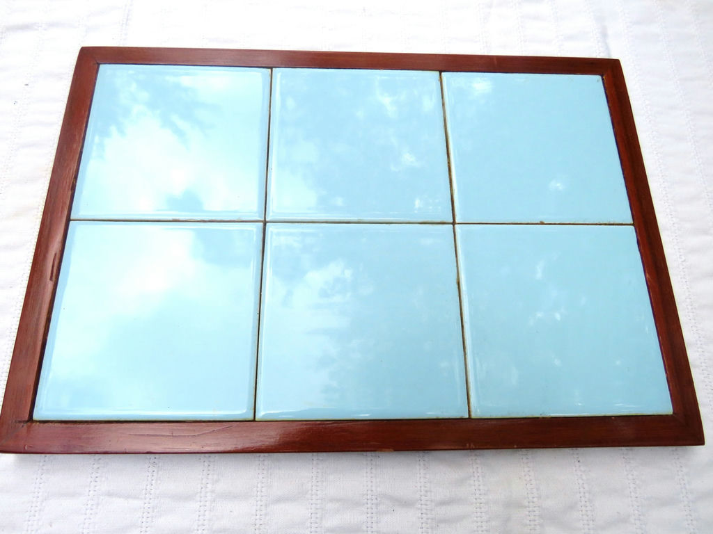 MCM Blue Tile with Wood Trim Tray Trivet Table Top - image 2 of 4