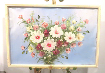 K. Rossi MCM Large Framed Oil Painting Cosmos Floral Arrangement - Image 1 of 6