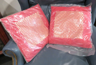 Pair of 16" Leather Throw Pillow Pink and Check 1 of 2 - Image 1 of 3