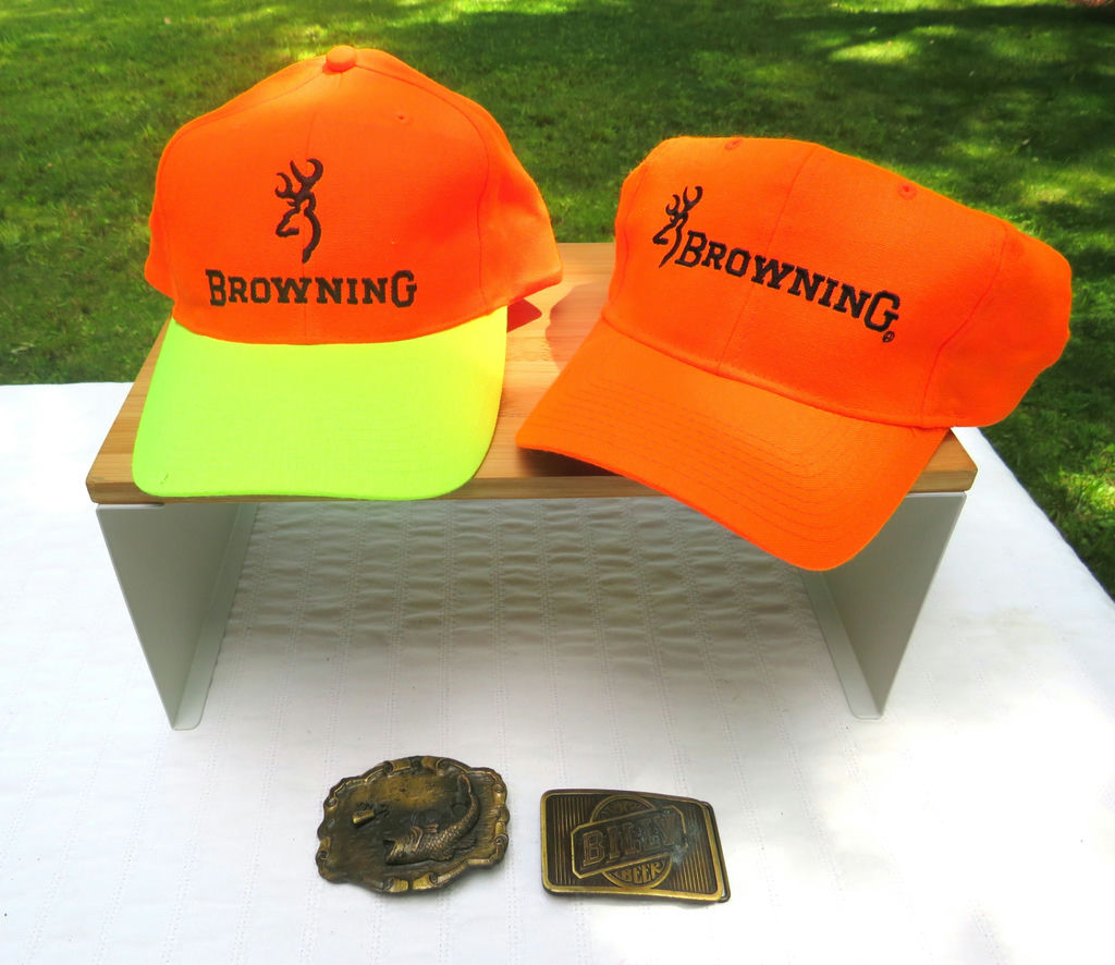 Brass Belt Buckles Billy Beer Fish and 2 Orange Browning Caps - image 1 of 9