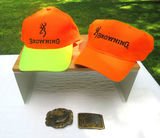 Brass Belt Buckles Billy Beer Fish and 2 Orange Browning Caps - thumbnail 1 of 9