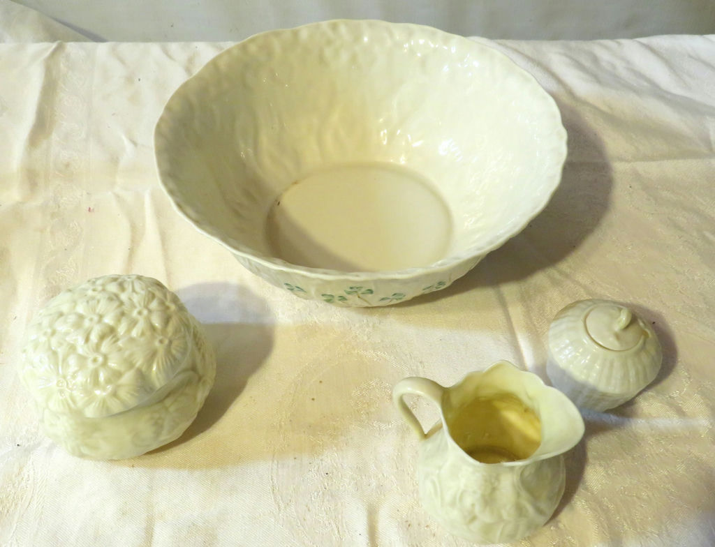 Belleek Bowl and Belleek Creamer Sugar and Covered Jar Green stamp on bottom - image 3 of 11