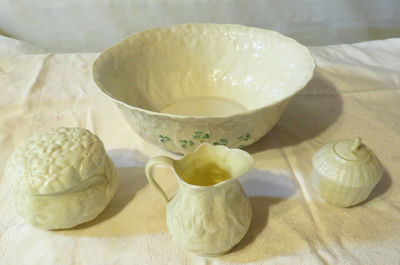 Belleek Bowl and Belleek Creamer Sugar and Covered Jar Green stamp on bottom - Image 1 of 11