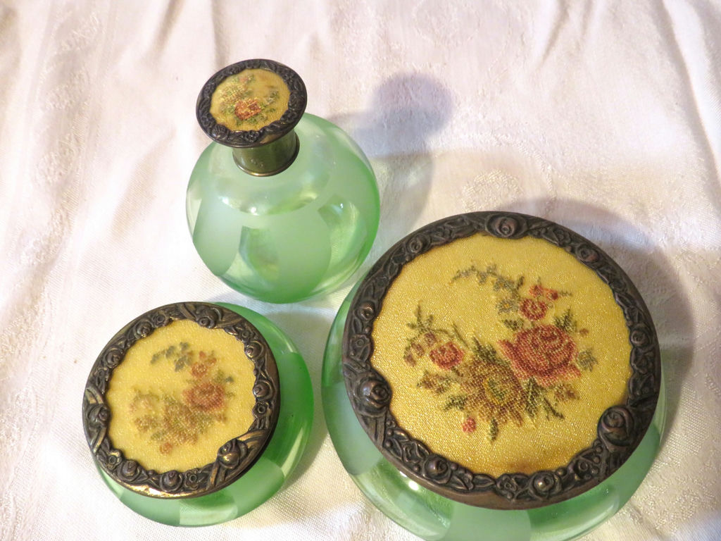 Antique 3 piece Vanity Set Opaline Glass Petit Point Lids - image 6 of 6