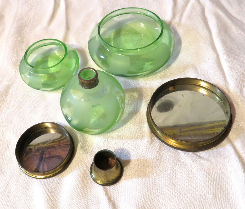 Antique 3 piece Vanity Set Opaline Glass Petit Point Lids - image 4 of 6