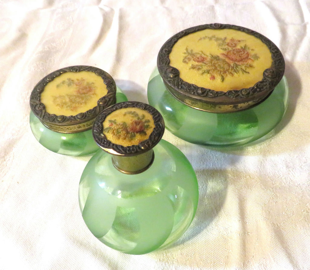 Antique 3 piece Vanity Set Opaline Glass Petit Point Lids - image 2 of 6