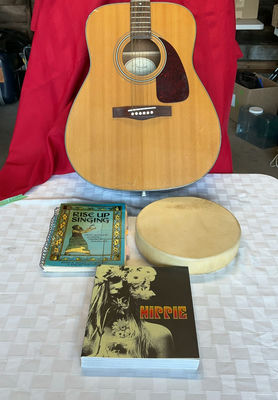 Fender Standard Guitar, Frame Drum, Music Book - Image 1 of 14