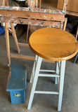 Paint-splattered artist easel with round stool and blue step stool - thumbnail 3 of 3