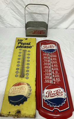 Vintage Metal Pepsi Thermometers And Bottle Carrier - Image 1 of 10