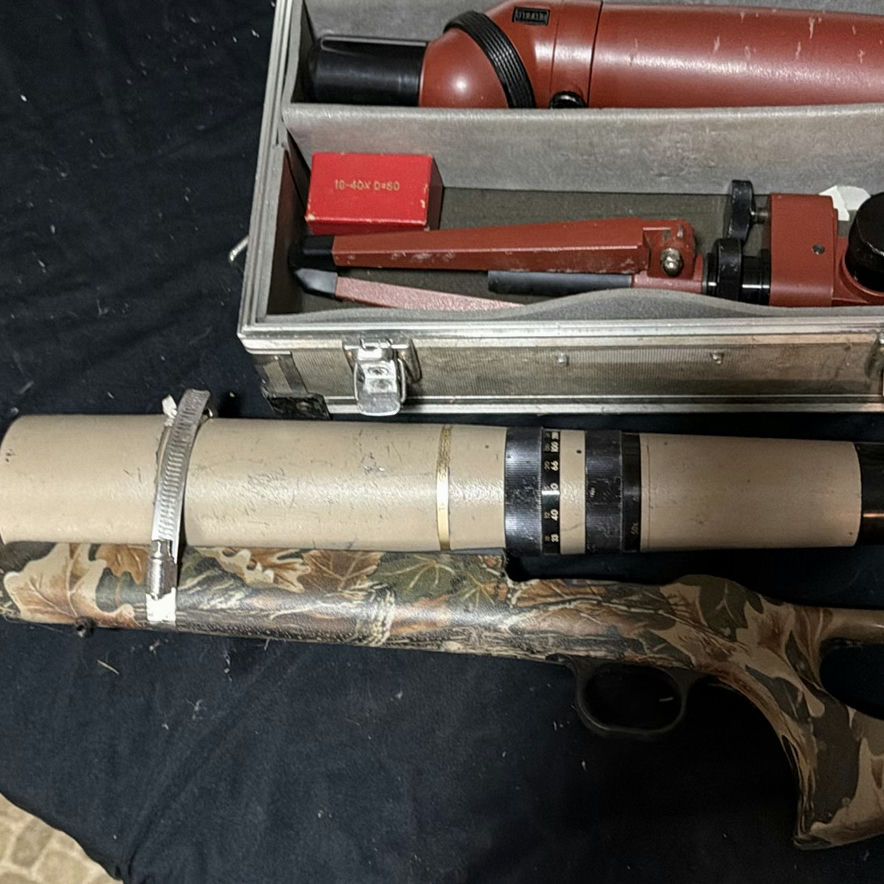 Camouflaged hunting rifle with spotting scope and accessories - image 3 of 6