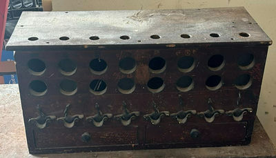 Vintage wooden bottle rack with circular slots and drawers - Image 1 of 5