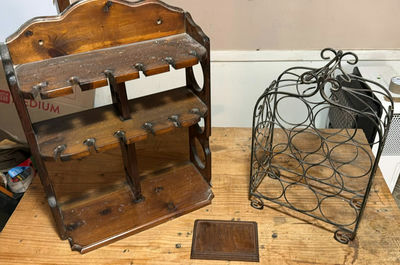 Two-tier wooden shelf with decorative metal wine rack - Image 1 of 8