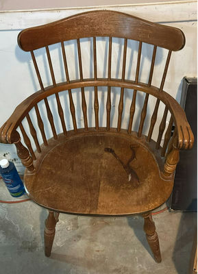 Antique wooden items: Windsor chair, ammo crate, sewing box, and wall decor - Image 1 of 10