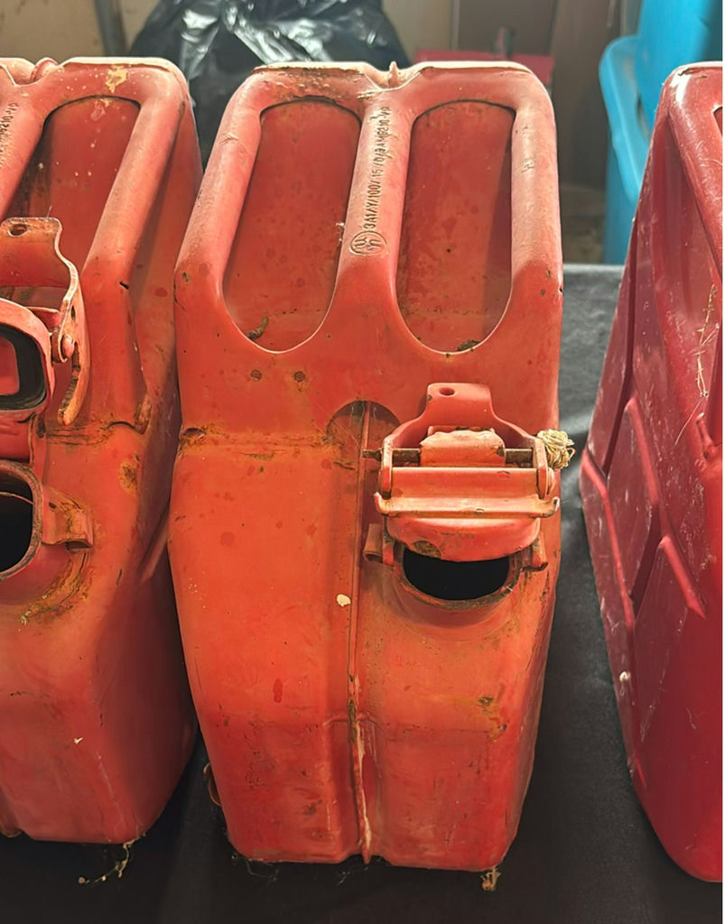 Three Metal plastic gas cans - image 3 of 8