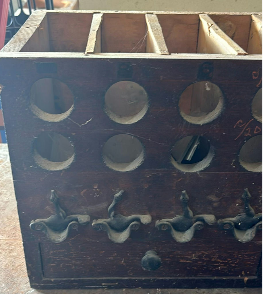 Vintage wooden bottle rack with circular slots and drawers - image 3 of 5