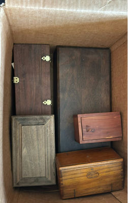 Assorted wooden boxes, brass candle holders, rocks, and glassware - Image 1 of 7