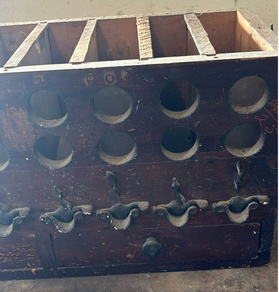 Vintage wooden bottle rack with circular slots and drawers - image 4 of 5